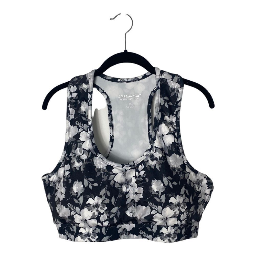 Starting Point SZ XL black and white floral print racerback sports bra